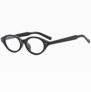 Detail of black cat-eye oval frame with silver stud accents and glossy finish