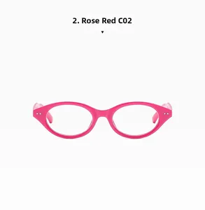 Detail of rose red cat eye glasses frame featuring metallic rivet accents and C02 finish