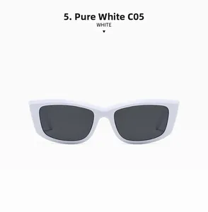 Macro shot of white wide-frame rectangular sunglasses with dark lenses and model C05