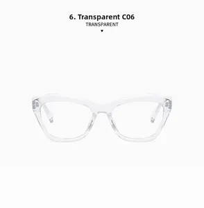 Detailed close-up of transparent cat-eye glasses frame C06 in high-quality acetate material