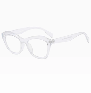 Detail view of transparent cat-eye frame with model ZN3880 printed on the temple