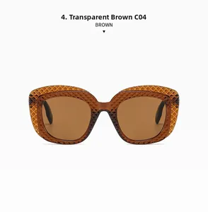 Detail of oval brown sunglasses featuring textured diamond-pattern frames and UV protection