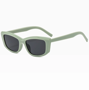 Detail view of light green cat eye sunglasses with thick frames and dark lenses