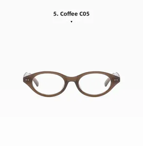 Detail of coffee brown oval cat eye frames featuring classic silver metal rivets