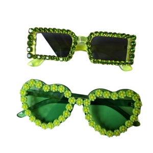 Green rectangle rhinestone sunglasses and daisy heart-shaped shades for party