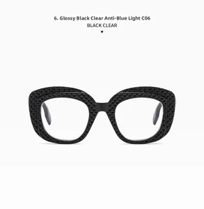 Detail of glossy black oval glasses frame with textured geometric pattern and blue light lenses