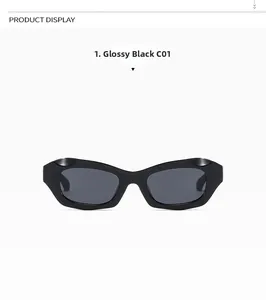 Détail des lunettes de soleil œil-de-chat noir brillant avec monture épaisse irrégulière