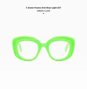 Detail of green oval sunglasses frame with anti-blue light clear lens and diamond texture