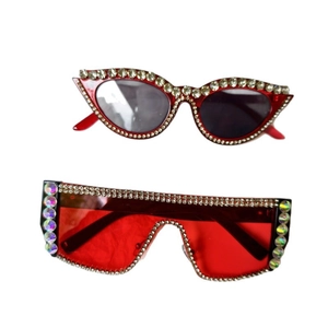 Red cat-eye and shield sunglasses with rhinestones and crystals for bridal parties