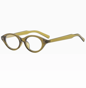 Macro detail of olive green oval glasses frame with silver metal rivet accents