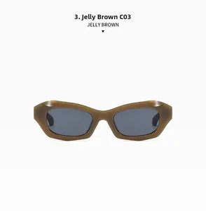 Vue détaillée des lunettes de soleil œil de chat rétro marron gelée avec verres gris