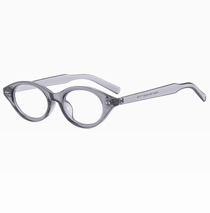 Detail of transparent gray oval glasses frame showing inner temple specifications