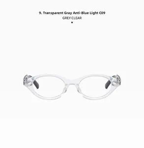 Detail view of oval cat-eye glasses frame in clear grey with metal hinge accents