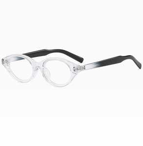Close-up of small oval frame glasses with transparent rims and sleek black temples