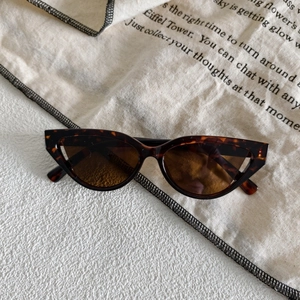 Detailed shot of retro cat eye sunglasses with tortoiseshell frames and brown lenses