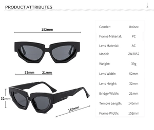 Detailed specs of black cat eye sunglasses showing PC frame and AC lens dimensions