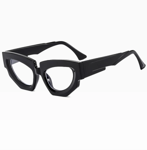Side view of trendy thick black geometric sunglasses with irregular chunky resin frames