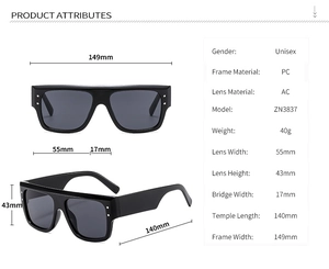 Detailed size chart of square frame unisex sunglasses with 149mm width and PC material