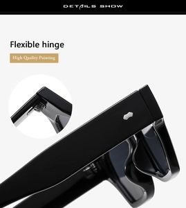 Détail de lunettes de soleil avec charnières flexibles et rivets hexagonaux argentés