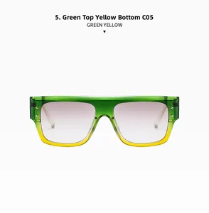 Detail of square gradient frame sunglasses with green and yellow finish and metal rivets