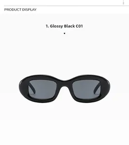 Detail view of oval retro sunglasses in bright black finish with dark grey lenses