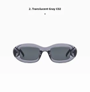 Detail view of oval vintage sunglasses in transparent grey frame with C02 model mark