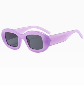 Détail de lunettes de soleil ovales rétro avec monture violette et charnière argentée