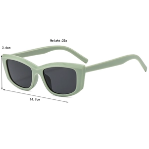 Vintage rectangle cat eye sunglasses with green frames and grey lenses, 14.7cm width