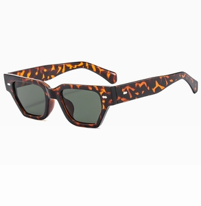 Détails de lunettes de soleil carrées rétro écaillées avec rivets et verres verts