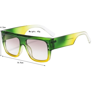 Square frame oversized sunglasses with green yellow gradient frame and purple lenses