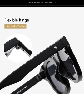 Detail show of flexible hinge and high quality painting on black glossy sunglasses