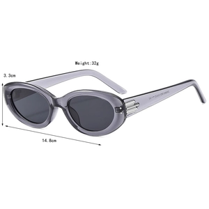 Retro cat-eye oval sunglasses with gray translucent resin frame and metal accents