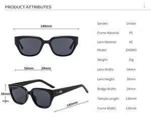 Detailed technical diagram showing unisex square sunglasses dimensions and PC frame specs