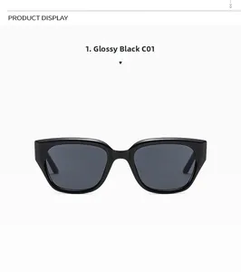 Detail view of glossy black square frame sunglasses with UV protection and metal studs