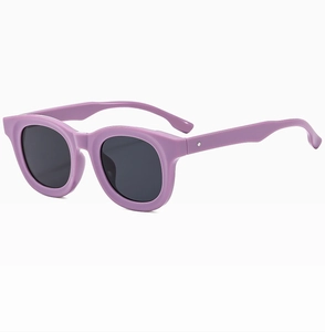 Detailed side view of vintage purple sunglasses with dark grey lenses and silver dot accents