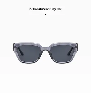 Close-up of square sunglasses in transparent grey frame with polarized dark grey lenses