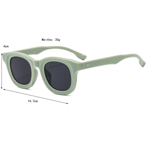 Retro rectangular sunglasses in sage green with black lenses and frame measurements