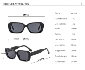 Detailed size chart and specifications for black rectangular PC frame sunglasses