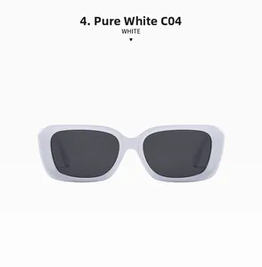 Detail shot of solid white rectangular sunglasses with dark lenses and vintage thick frames