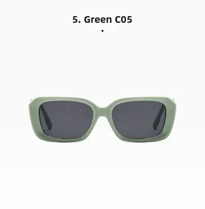 Front view of green square frame sunglasses with grey lenses and rivet detail C05