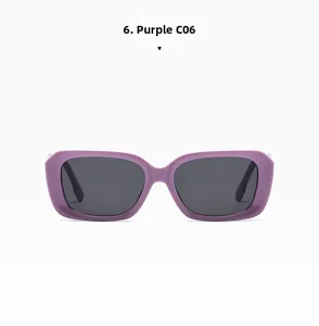 Front view detail of vintage purple rectangular sunglasses with dark gray UV lenses