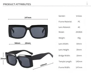 Detailed size specifications for square frame sunglasses with frame and lens measurements
