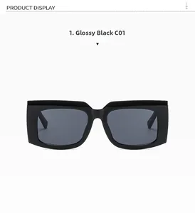 Front view of trendy square frame sunglasses in glossy black finish with dark gray lenses
