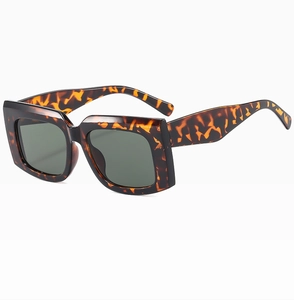 Detail view of tortoiseshell square sunglasses featuring thick temples and dark lenses