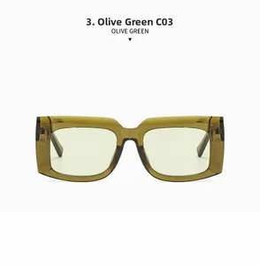 Detailed front view of olive green wide rectangle frame sunglasses with tinted lenses