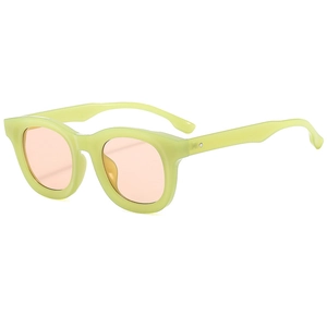 Retro oval avocado green matte sunglasses with pink tinted lenses for a trendy look