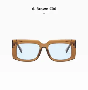 Front view of retro rectangle brown frame sunglasses with light blue lenses for UV protection