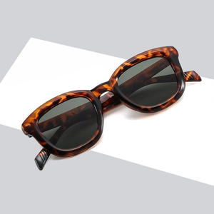 Vintage tortoiseshell square sunglasses with dark green lenses on a white display stand