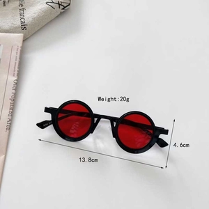 Steampunk round frame kids sunglasses with red lenses and detailed size specifications