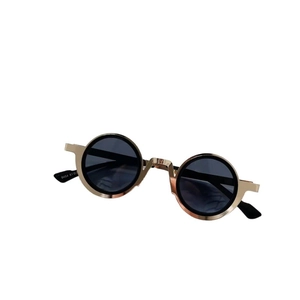 Steampunk round metal frame kids sunglasses with retro gold finish and dark lenses